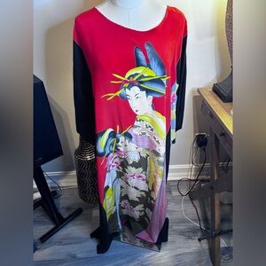 Vintage Simply Silk Elegant Red and Black Kimono Dress